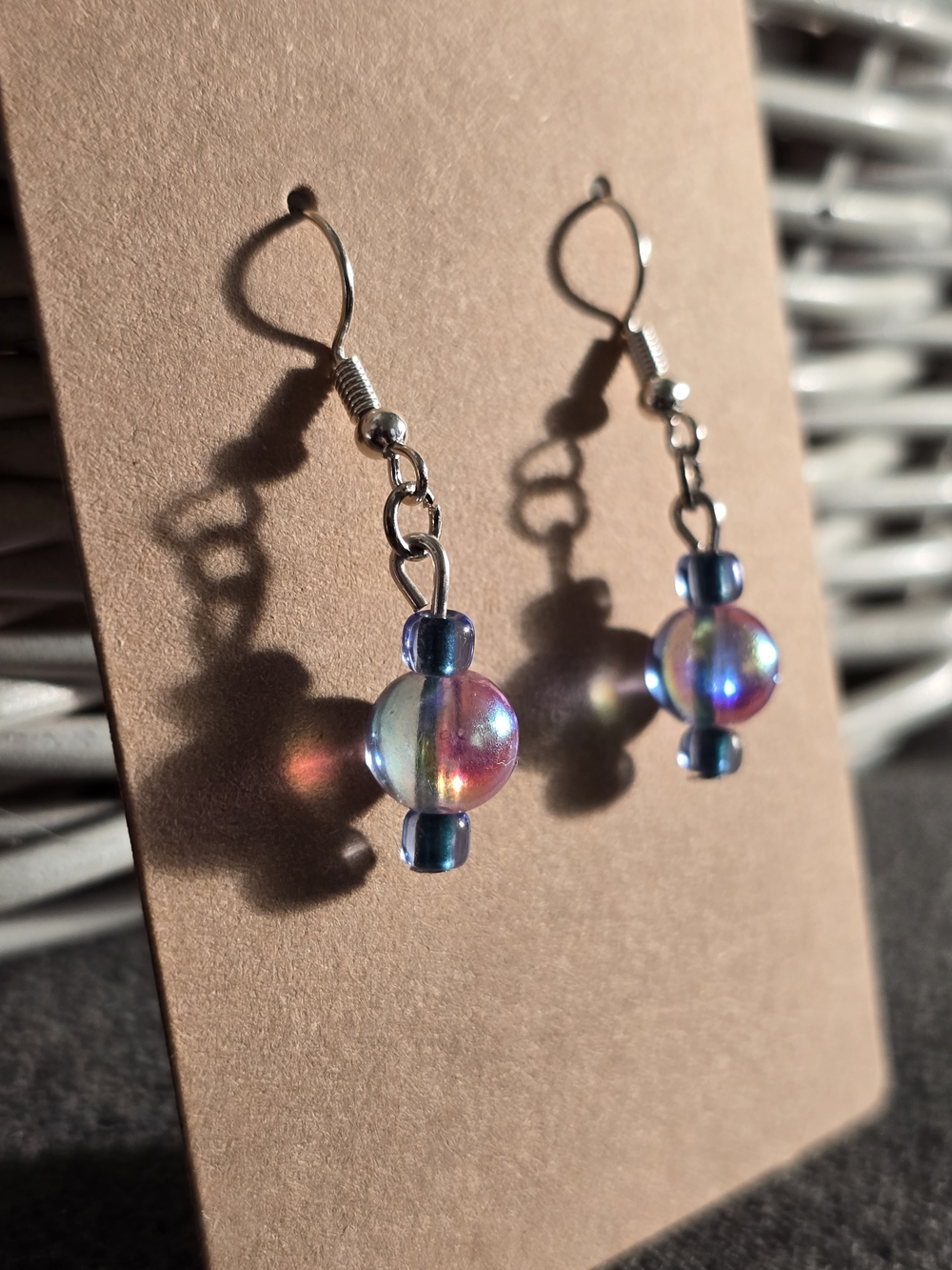 Iridescent Rainbow Glass Bead Dangle Earrings Handmade NWT - Picture 2 of 5